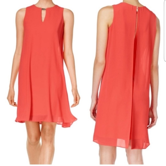 Vince Camuto Women's Coral Back Pleat Chiffon Swing Dress - Picture 1 of 12